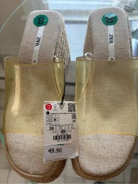 ZARA Clear Gold-Tinted Espadrille Wedges